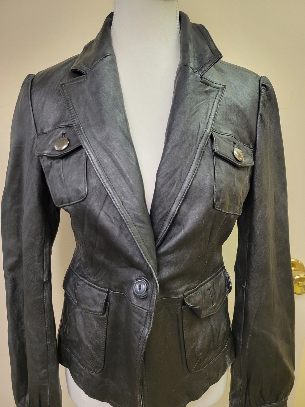 Vintage Mossimo Black Leather Button Front Jacket Lined Pockets Women S